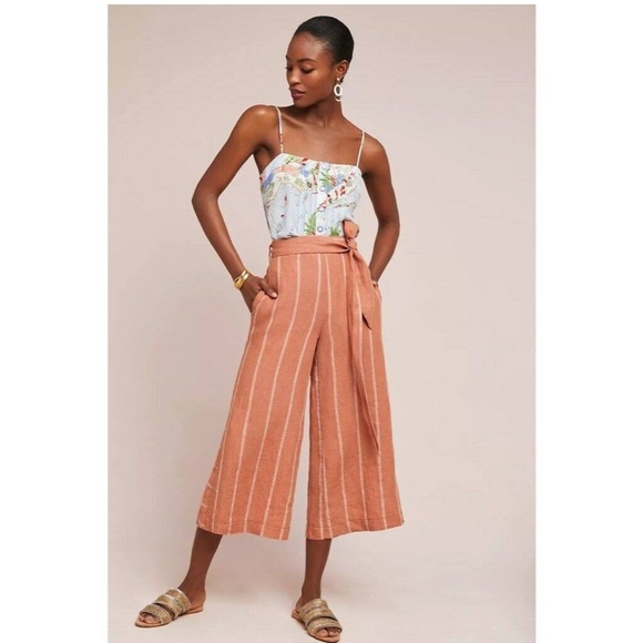 Anthropologie Pants - ANTHROPOLOGIE Cropped Wide Leg Linen Pant, Tie Front, Coral & White Stripe, M
